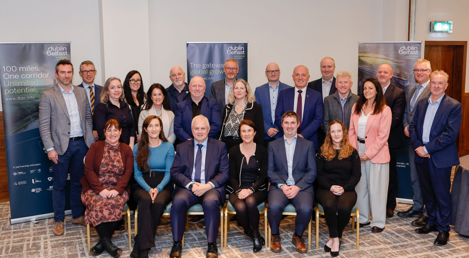A new advisory panel of industry leaders across transport, construction, food and agriculture, and other keys economic areas, has been formed to support the ongoing work of the Dublin Belfast Economic Corridor (DBEC). DBEC is the cross-border partnership that brings together eight local authorities as well as universities and other stakeholders to foster thriving and sustainable economic collaboration in the region. The panel, which met for the first time yesterday (10.11.2025) in Dundalk will work with DBEC to ensure that the insights of private sector businesses in the region are represented, and that real business needs can be met to continue economic growth, leverage strategic opportunities and encourage further investment. Pictured was Chair of the panel David Conway, Clerk and Chief Executive Officer of Louth County Council (front row, third from left), amongst panel members made up of businesses throughout the region.