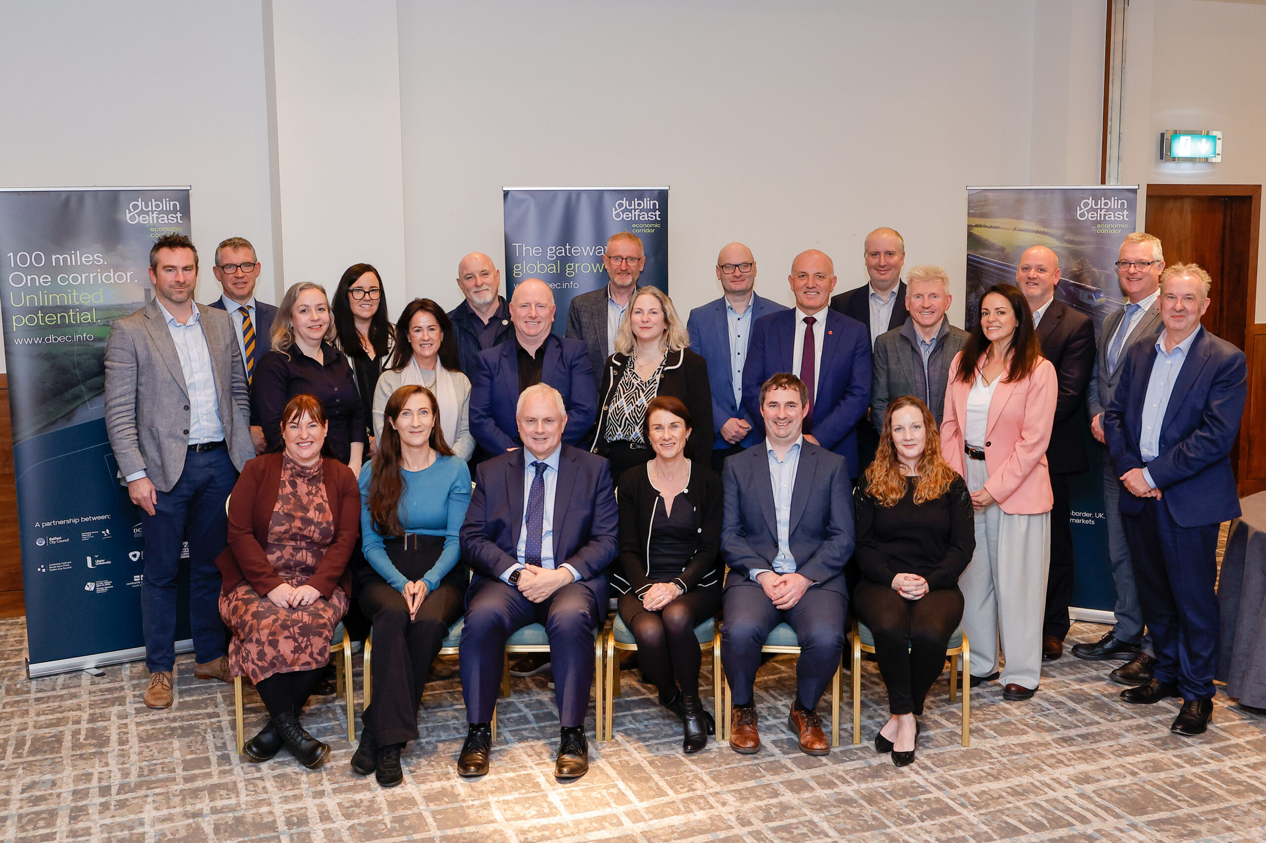 A new advisory panel of industry leaders across transport, construction, food and agriculture, and other keys economic areas, has been formed to support the ongoing work of the Dublin Belfast Economic Corridor (DBEC). DBEC is the cross-border partnership that brings together eight local authorities as well as universities and other stakeholders to foster thriving and sustainable economic collaboration in the region. The panel, which met for the first time yesterday (10.11.2025) in Dundalk will work with DBEC to ensure that the insights of private sector businesses in the region are represented, and that real business needs can be met to continue economic growth, leverage strategic opportunities and encourage further investment. Pictured was Chair of the panel David Conway, Clerk and Chief Executive Officer of Louth County Council (front row, third from left), amongst panel members made up of businesses throughout the region.