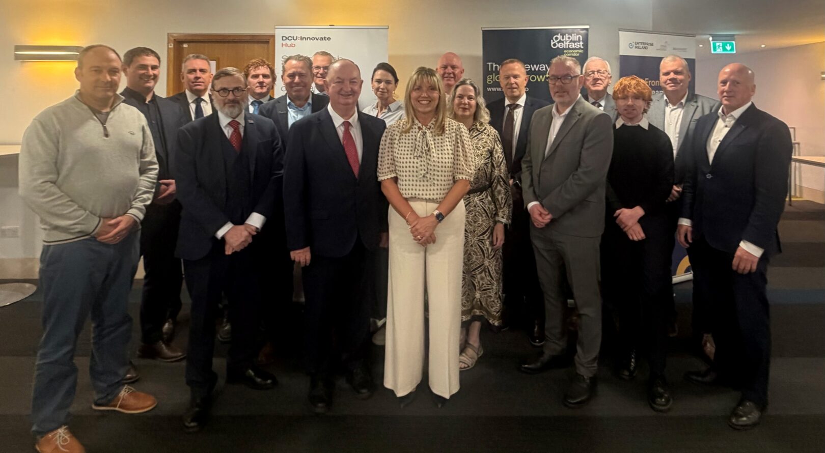 Group photograph of DBEC Political Advisory Group members with representatives from the Central Statistics Office (CSO) and the Cross Border Political Advisory Group at DCU Innovate, Dublin, following a joint meeting on 24 September 2026.