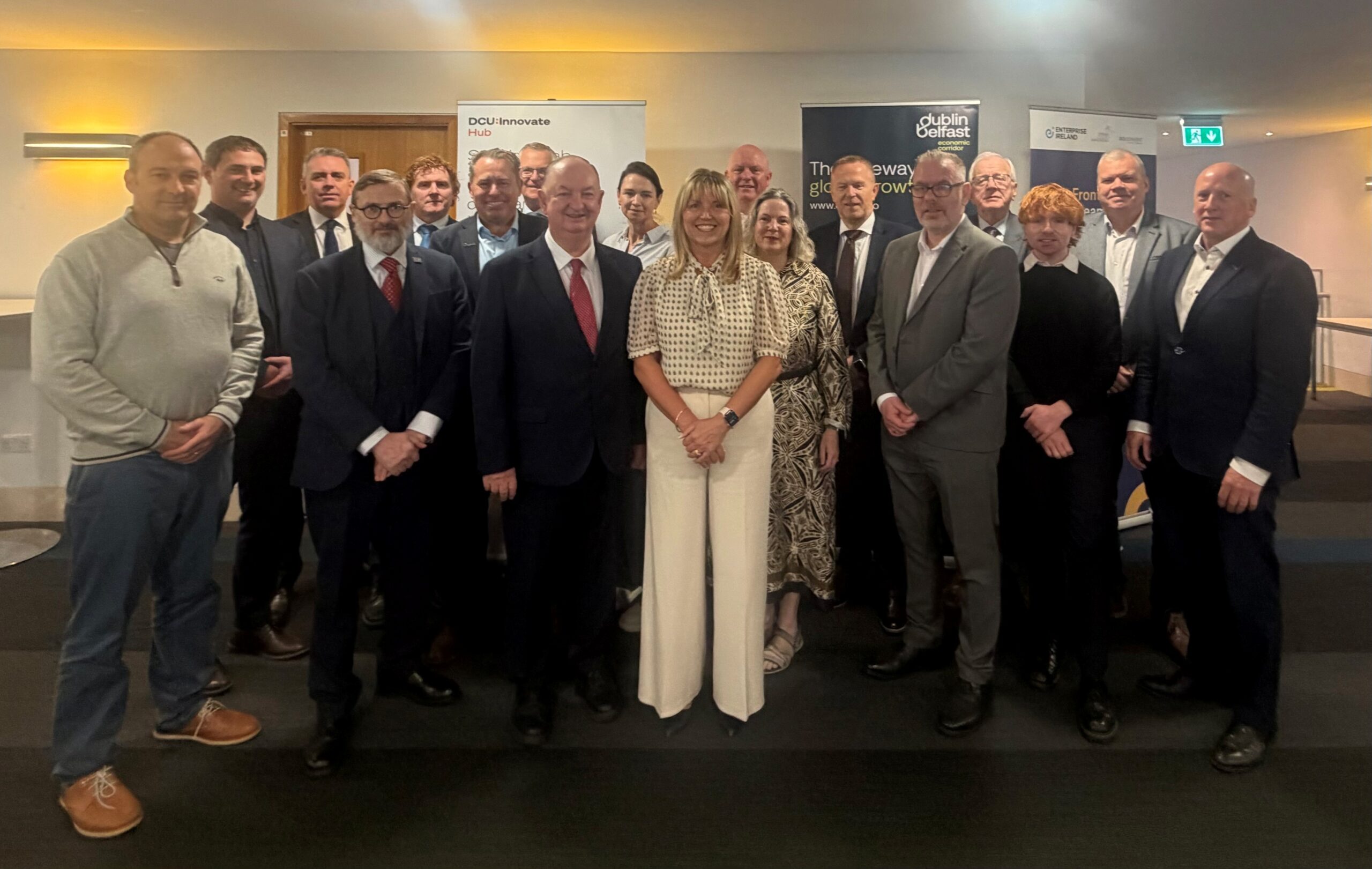 Group photograph of DBEC Political Advisory Group members with representatives from the Central Statistics Office (CSO) and the Cross Border Political Advisory Group at DCU Innovate, Dublin, following a joint meeting on 24 September 2026.
